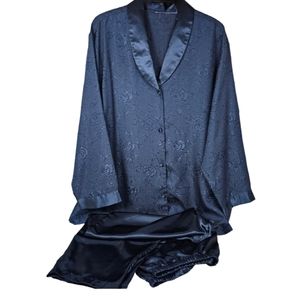 Vintage "Satin" Navy Button Floral Embossed Pajama Top and Pant Set, EUC, sz XXL